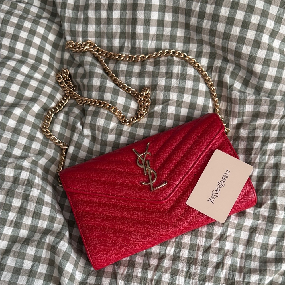 Yves Saint Laurent Red Quilted Clutch with Gold Chain